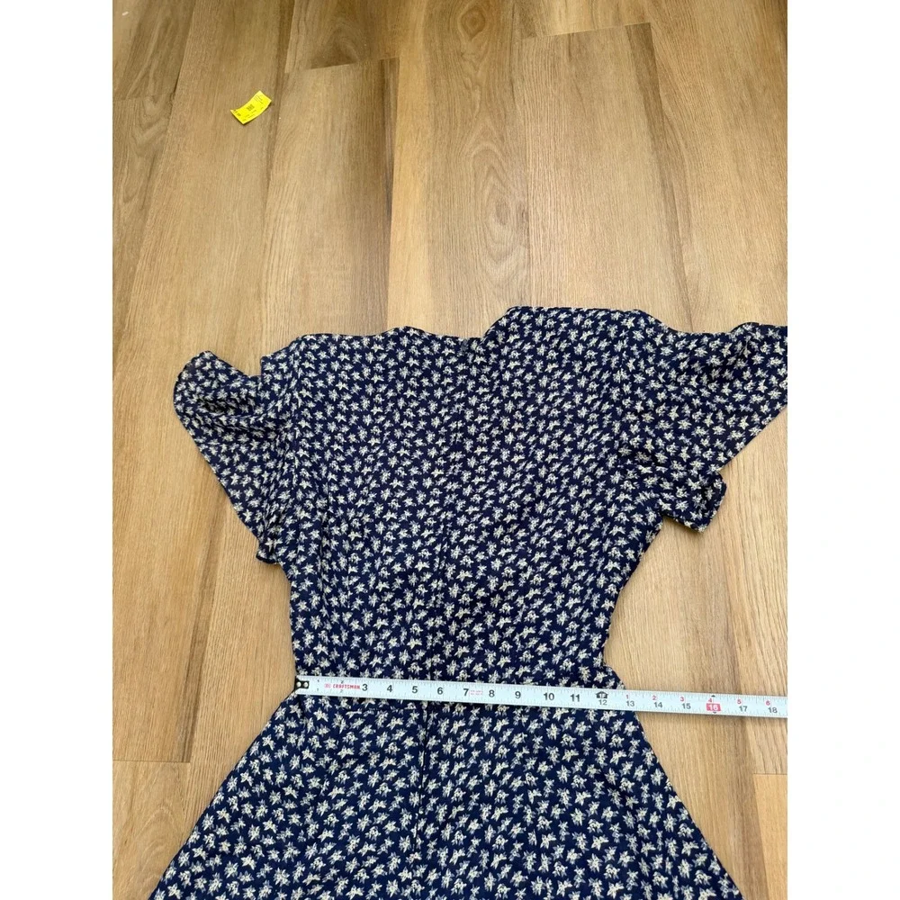 Vintage Navy Blue Ditsy Floral Tie Front Midi Dress 12 cottage prairie